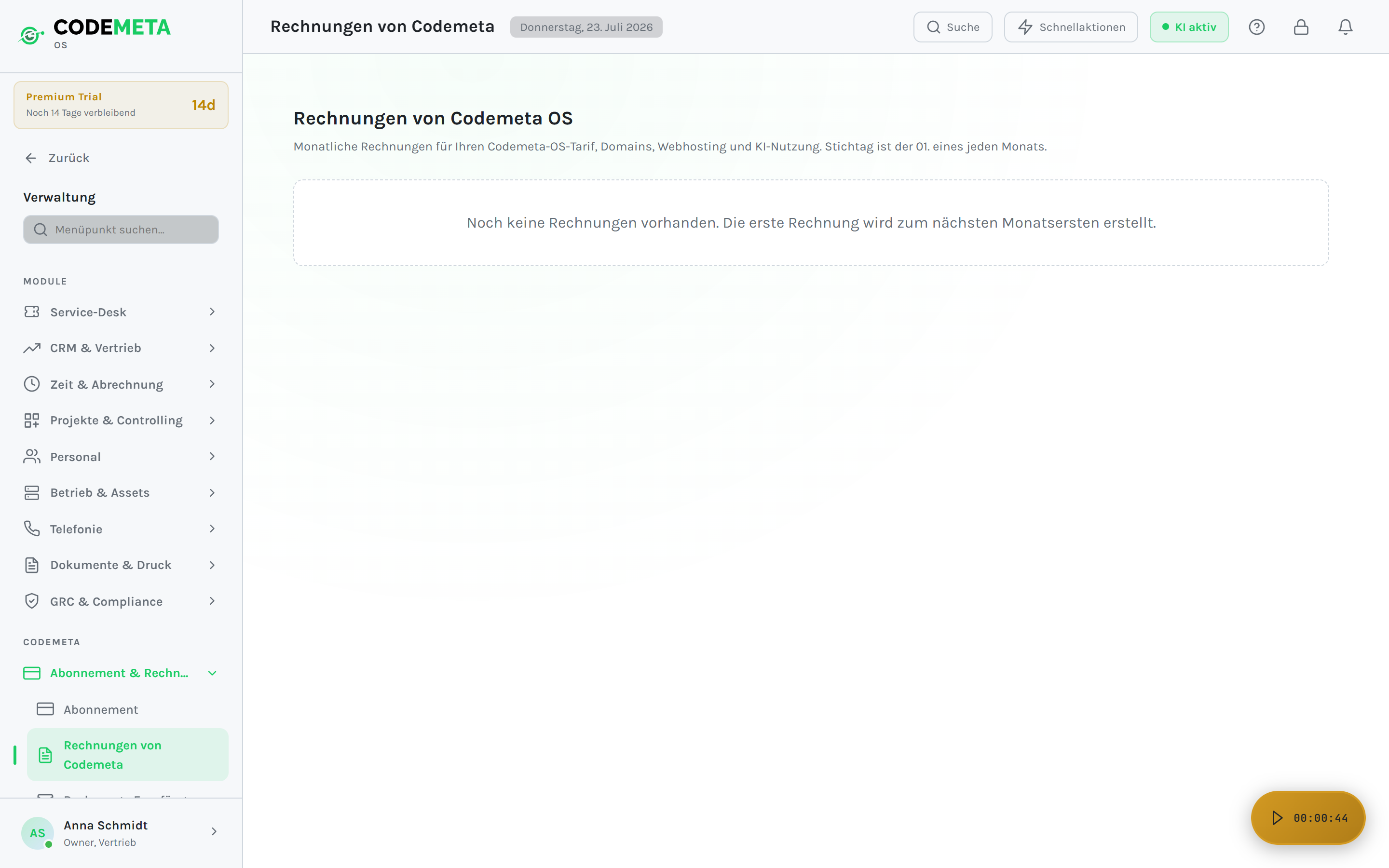 Die Rechnungshistorie Ihres Codemeta-OS-Abonnements