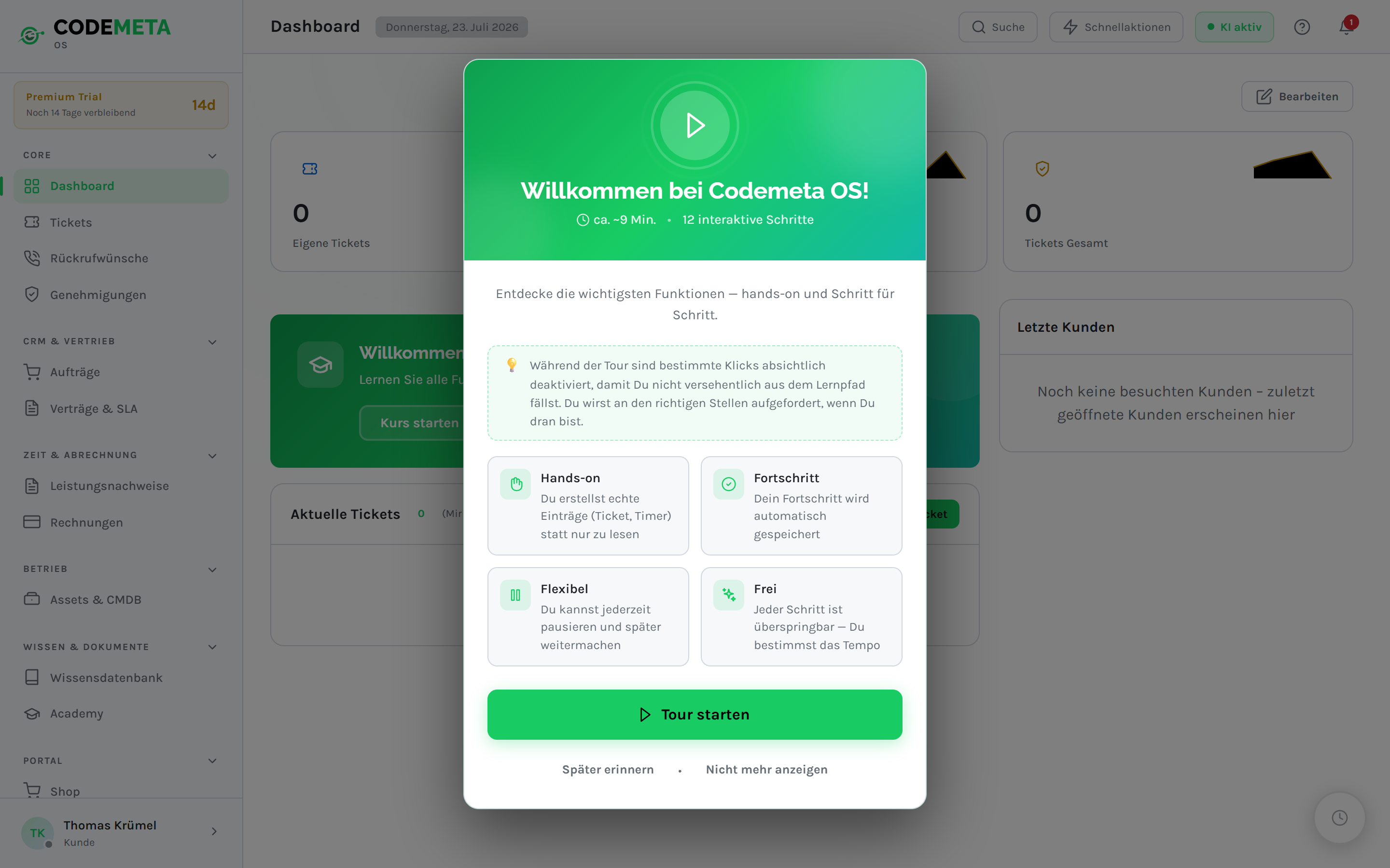 Das Portal-Dashboard aus Kundensicht