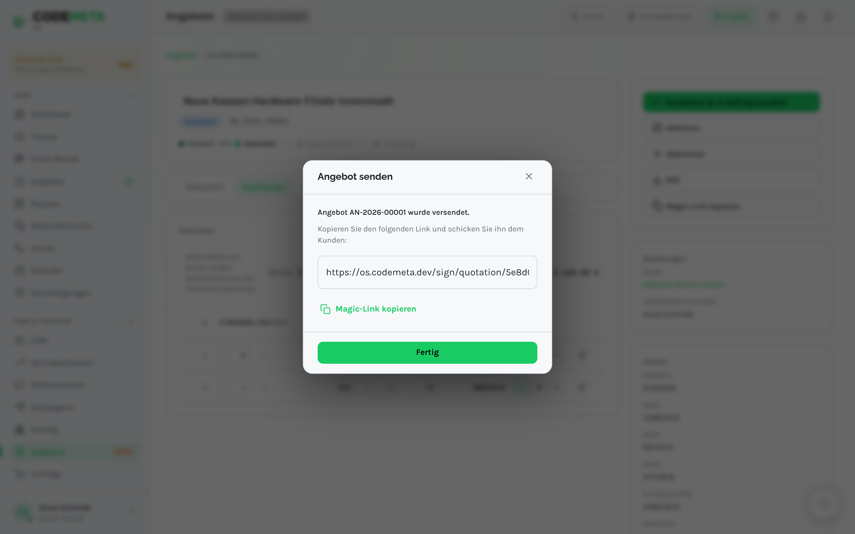 Nach dem Senden zeigt Codemeta OS den Magic-Link zum Weiterleiten an