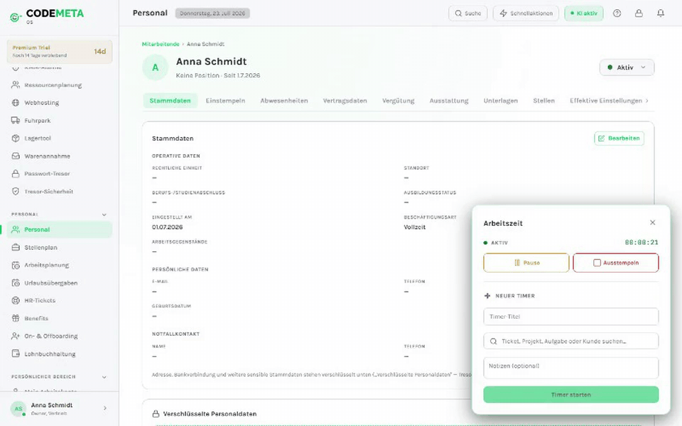 So startet ein Timer: Titel vergeben, Ticket verknüpfen, starten